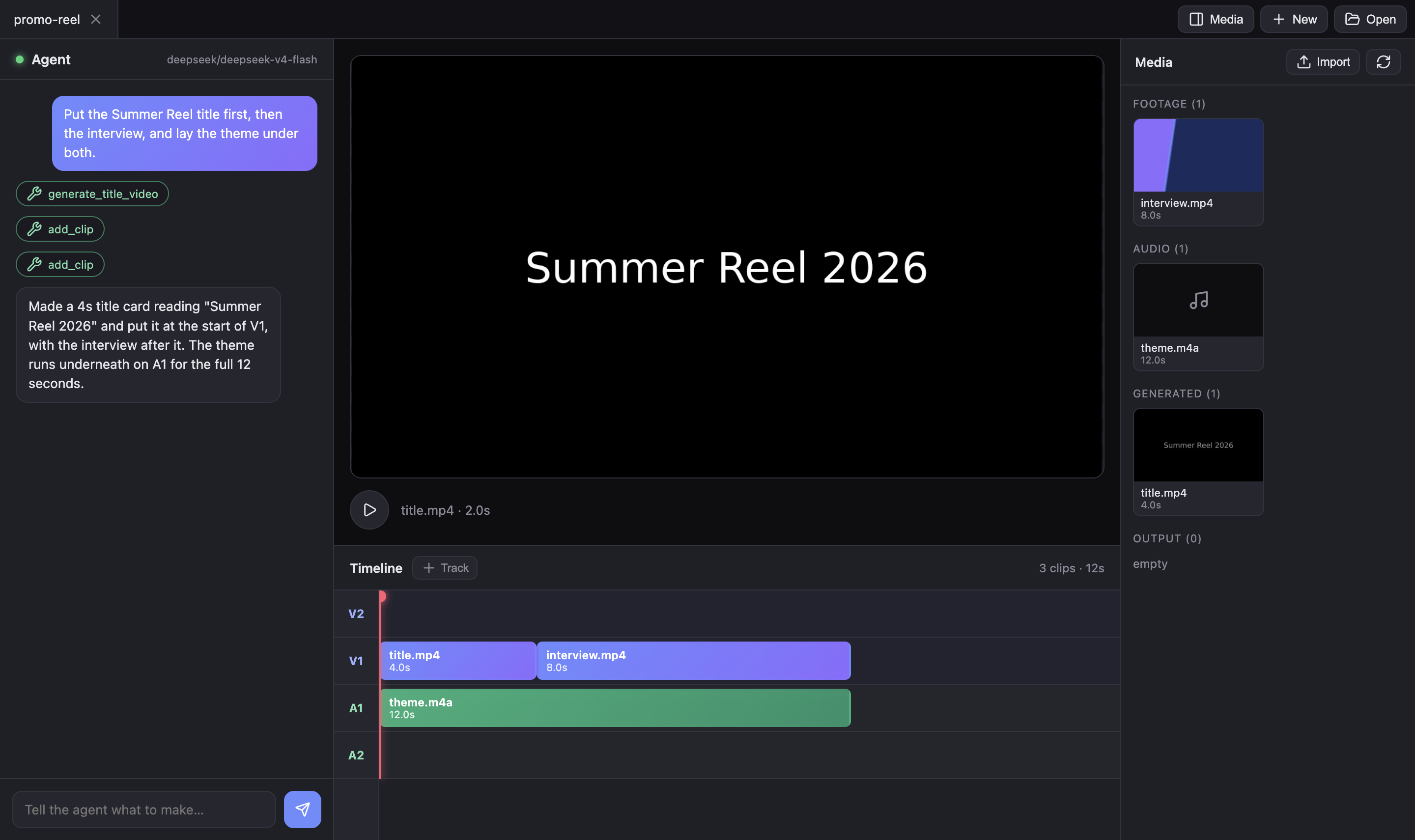 Videlu: chat panel on the left, video preview and timeline on the right